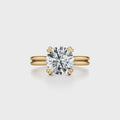 Top-down view of a 2 CT round cut lab grown diamond featuring double prongs and a parallel split band.