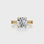 Top-down view of a 2 CT round cut lab grown diamond featuring double prongs and a parallel split band.