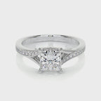 Front view of a 2 CT princess cut lab grown diamond engagement ring in white gold with pave split shank.