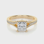 Front view of a 2 CT princess cut lab grown diamond engagement ring in polished yellow gold.