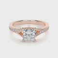 Front view of a 2 CT princess cut lab grown diamond ring crafted in 14K rose gold.