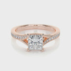 Front view of a 2 CT princess cut lab grown diamond ring crafted in 14K rose gold.