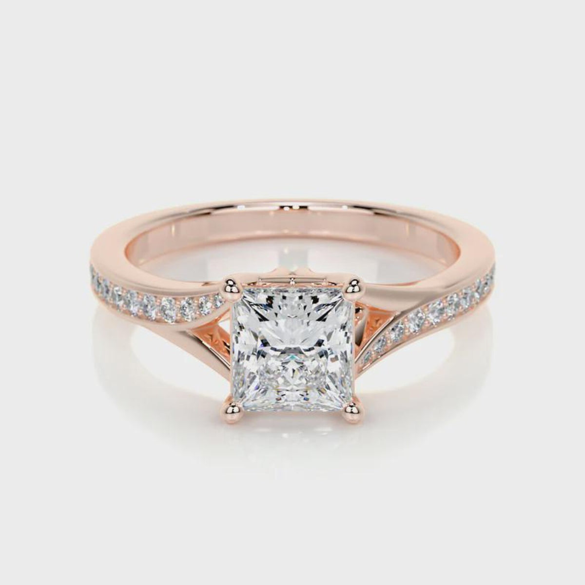 Front view of a 2 CT princess cut lab grown diamond ring crafted in 14K rose gold.