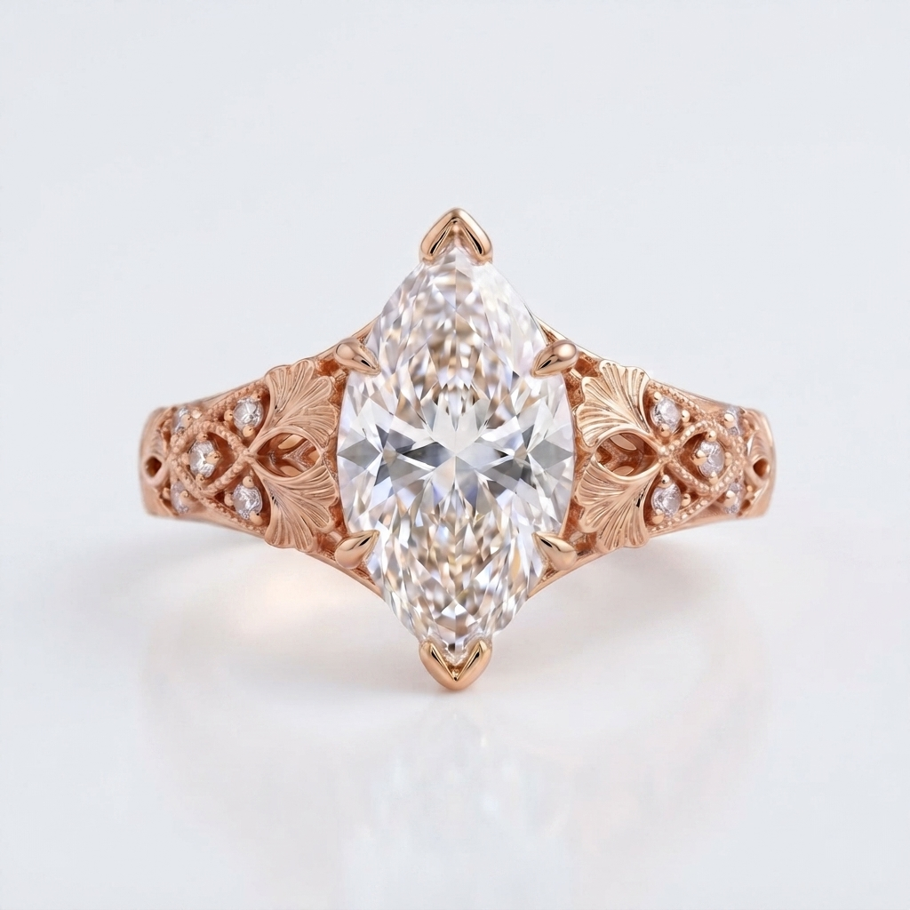 Front view of a 4 CT marquise cut lab grown diamond ring set in vintage carved 14K rose gold.