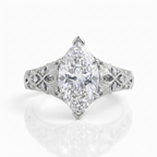 Front view of a 4 CT marquise lab grown diamond ring in polished white gold with floral filigree.