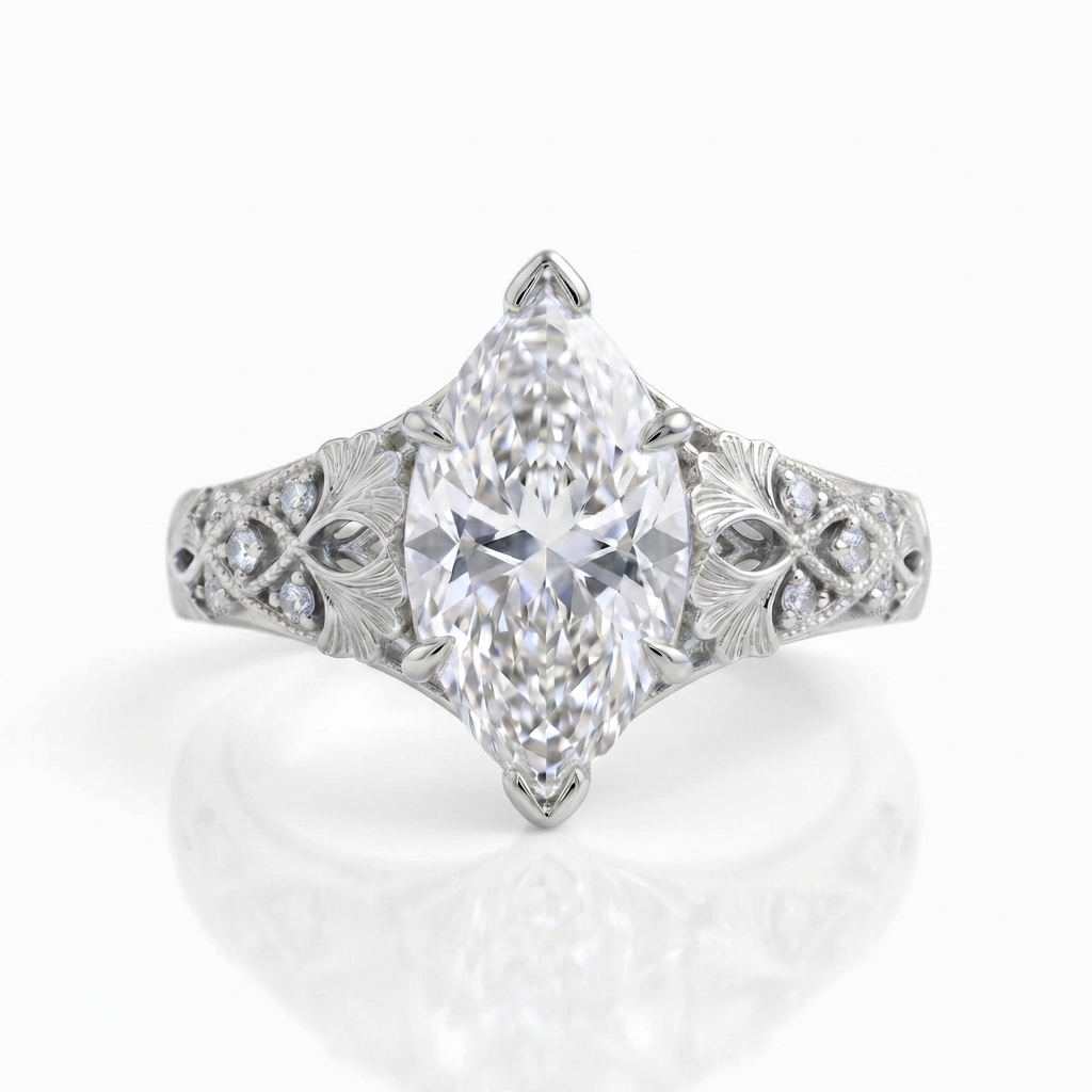 Front view of a 4 CT marquise lab grown diamond ring in polished white gold with floral filigree.