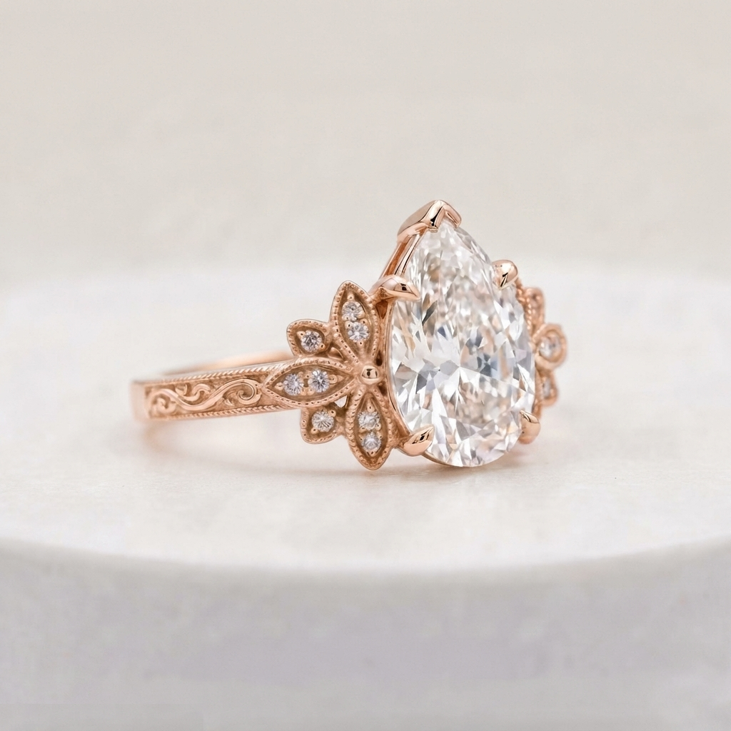 Side profile view of a 3 CT pear cut lab grown diamond ring in rose gold with floral milgrain accents and engraved band.