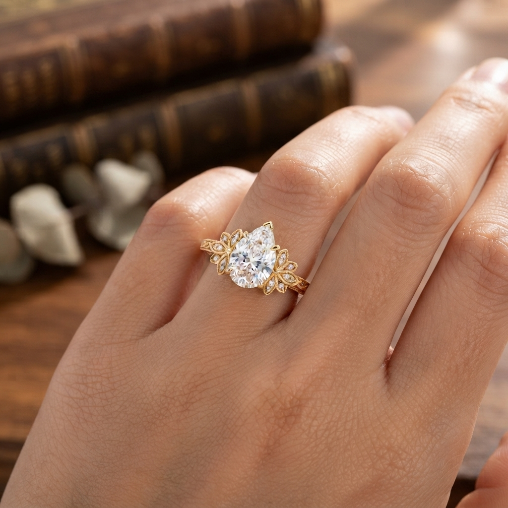 On-hand view of a 3 CT pear cut lab grown diamond ring crafted in yellow gold with vintage filigree details.