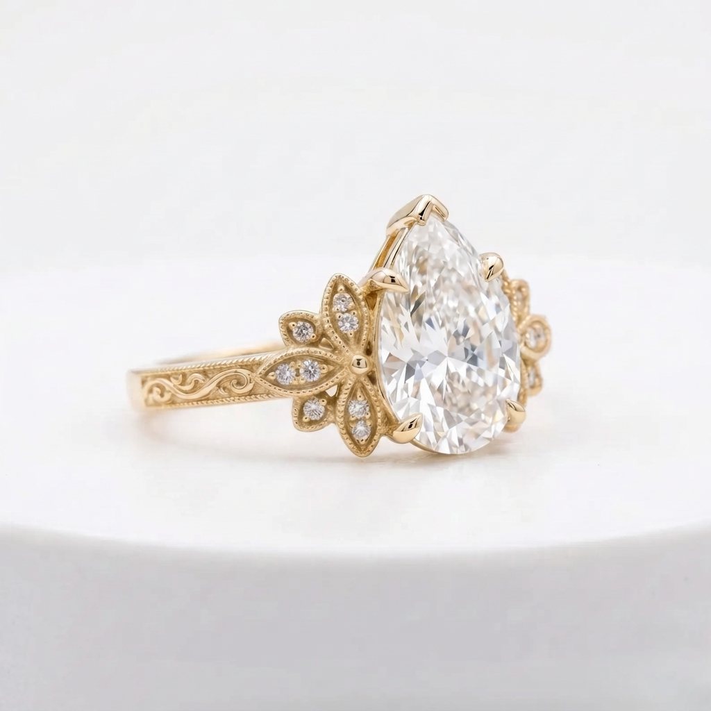 Angled side profile of a yellow gold 3 CT pear cut lab diamond engagement ring with milgrain leaf accents.