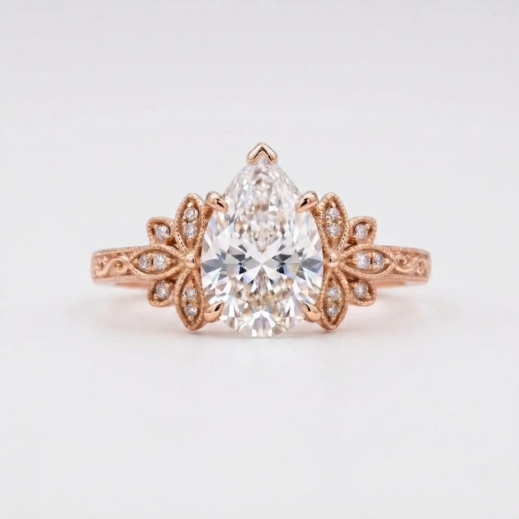 Front top-down view of a 3 CT pear cut lab grown diamond vintage engagement ring set in 14K rose gold.
