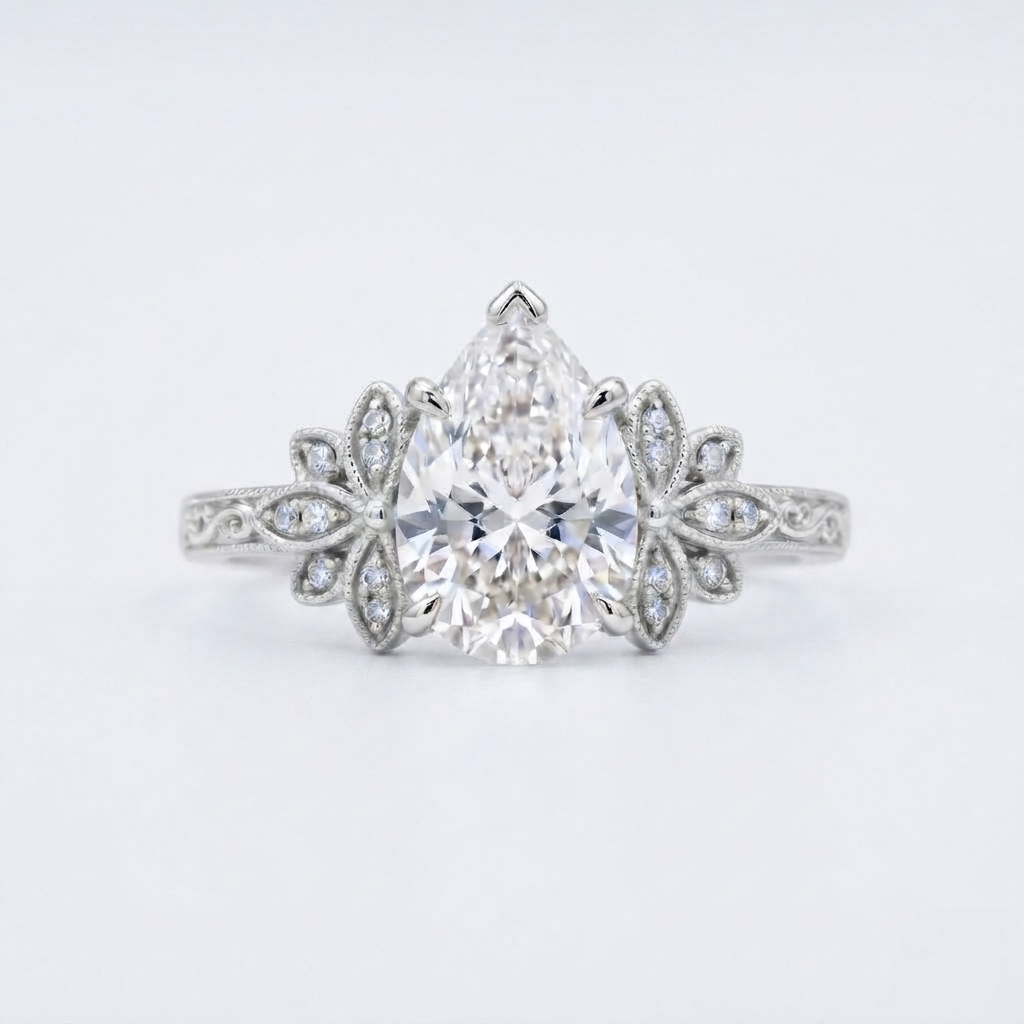 Front top-down view of a 3 CT pear cut lab grown diamond ring in polished white gold with floral halo shoulders.
