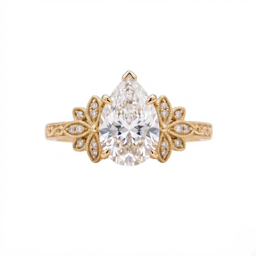 Front view of a 3 carat pear cut lab diamond ring set in yellow gold with milgrain botanical side frames.