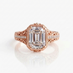 Front face view of a 5 CT emerald cut lab grown diamond engagement ring in rose gold with milgrain and scrollwork details.