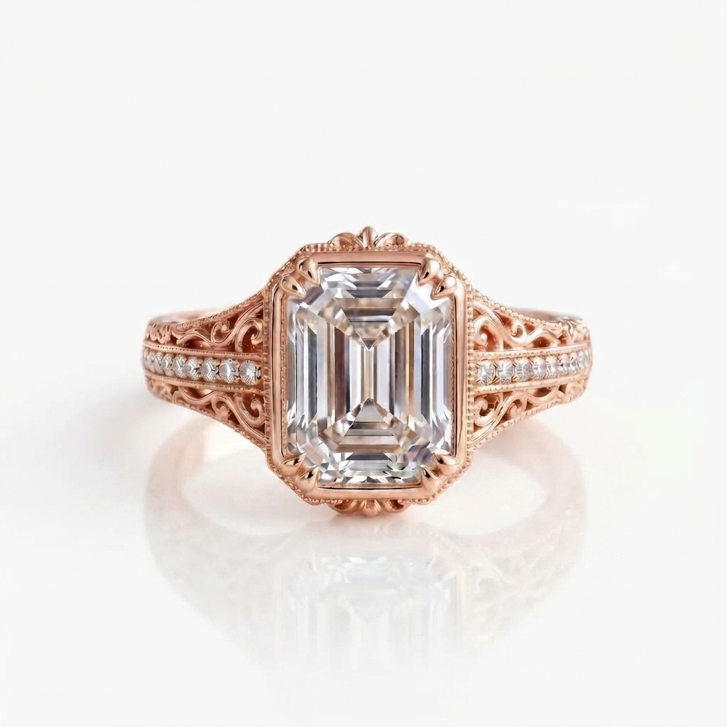 Front face view of a 5 CT emerald cut lab grown diamond engagement ring in rose gold with milgrain and scrollwork details.