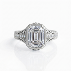 Top-down front view of a 5 carat emerald cut lab grown diamond ring set in 14K white gold.