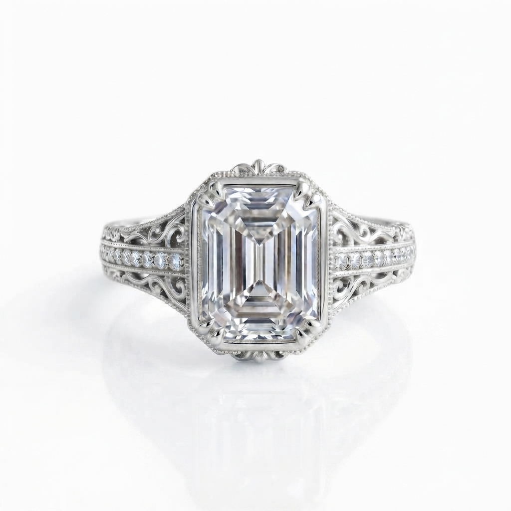 Top-down front view of a 5 carat emerald cut lab grown diamond ring set in 14K white gold.