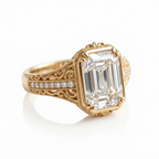 Angled view of a 5 carat emerald cut lab diamond ring set in yellow gold featuring Art Deco filigree and side pave accents.