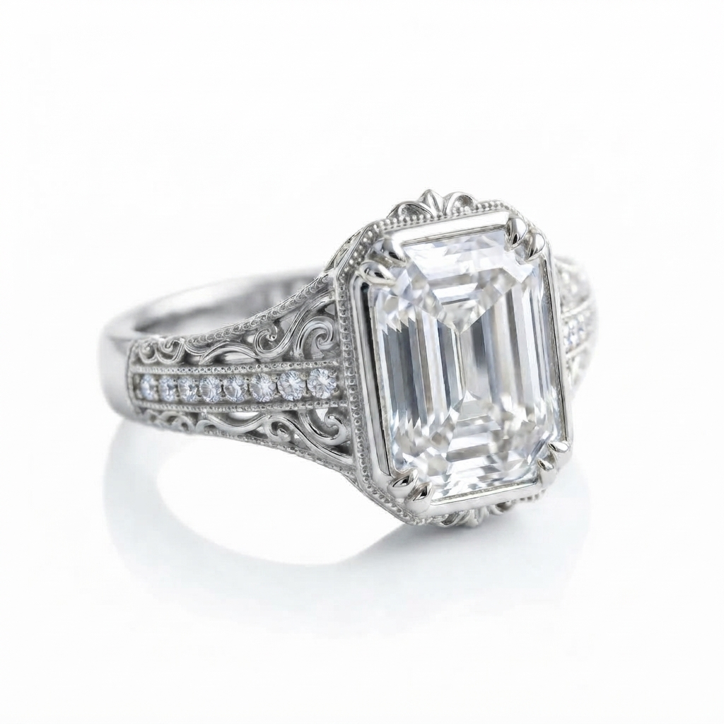 Angled view of a 5 carat emerald cut lab diamond ring set in white gold featuring Art Deco filigree and side pave accents.