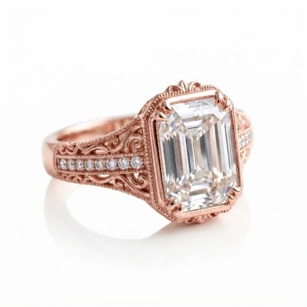 Three-quarter angle of a 5 CT emerald cut lab diamond ring in rose gold with vintage milgrain border.