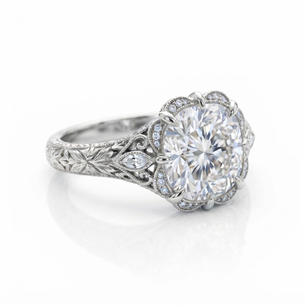 Angled view of a 3 CT cushion cut lab grown diamond ring in white gold featuring hand-engraved floral shank and scalloped halo.
