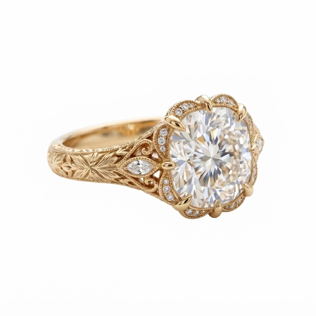 Perspective angled view of a yellow gold 3 carat cushion cut lab grown diamond hand-engraved vintage engagement ring.