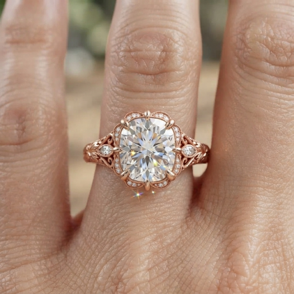 On-finger view of a 3 carat cushion cut lab grown diamond vintage ring in rose gold with floral hand carving.