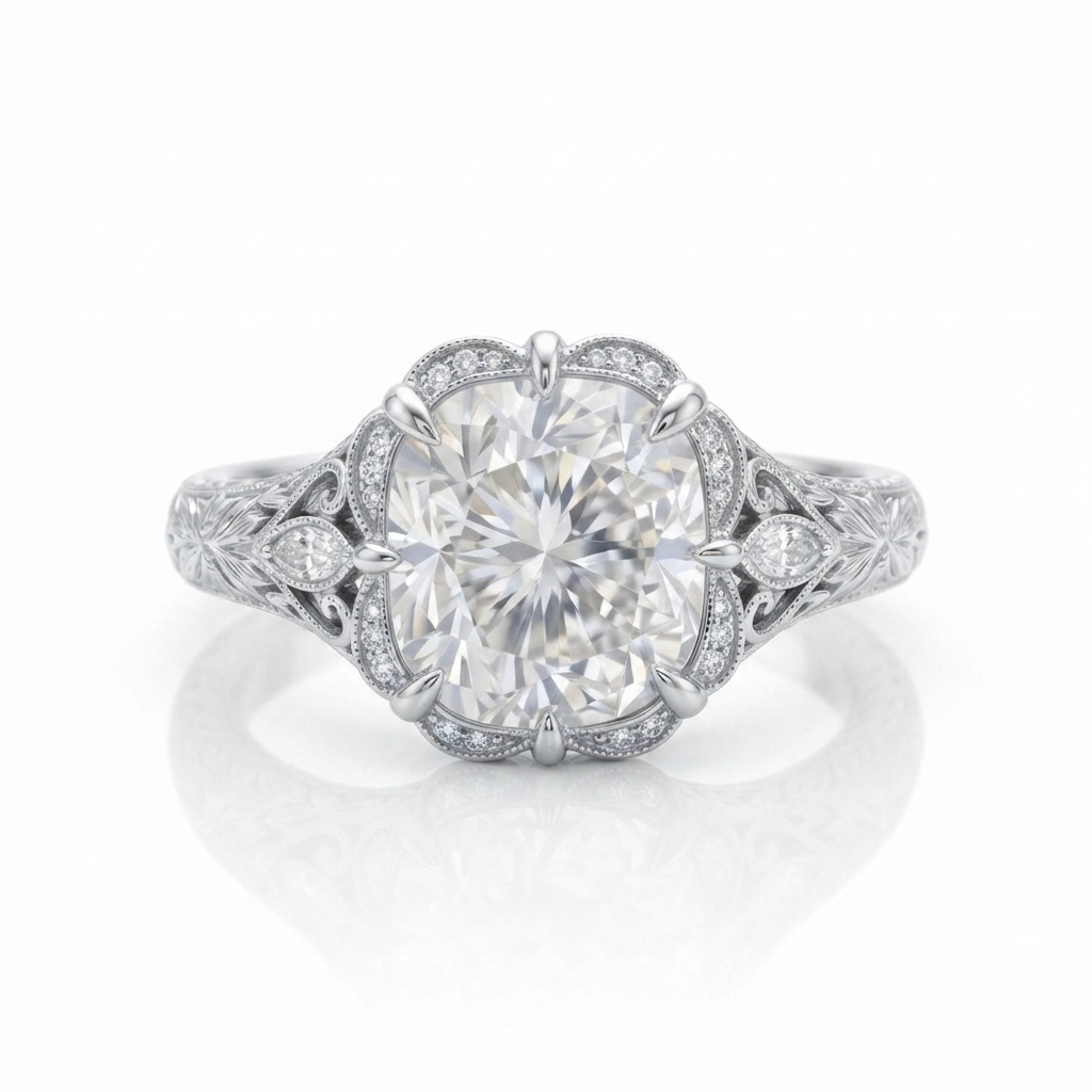 Direct front view of a white gold 3 carat cushion cut lab grown diamond engagement ring with scalloped milgrain border.