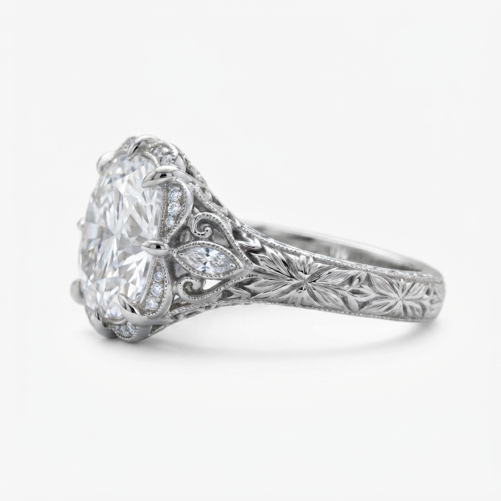 Side profile of a white gold 3 CT cushion cut lab diamond ring showing detailed scrollwork and floral hand engraving along the band.