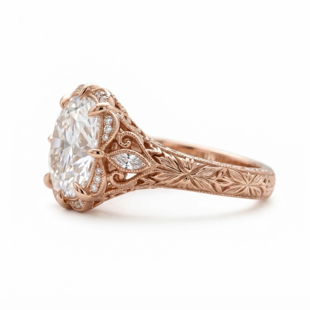 Side view of a rose gold 3 carat cushion cut lab diamond ring revealing hand-carved floral motifs and scalloped bezel frame.