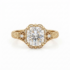 Front top view of a 3 CT cushion cut lab grown diamond ring crafted in yellow gold with milgrain halo and side marquise stones.