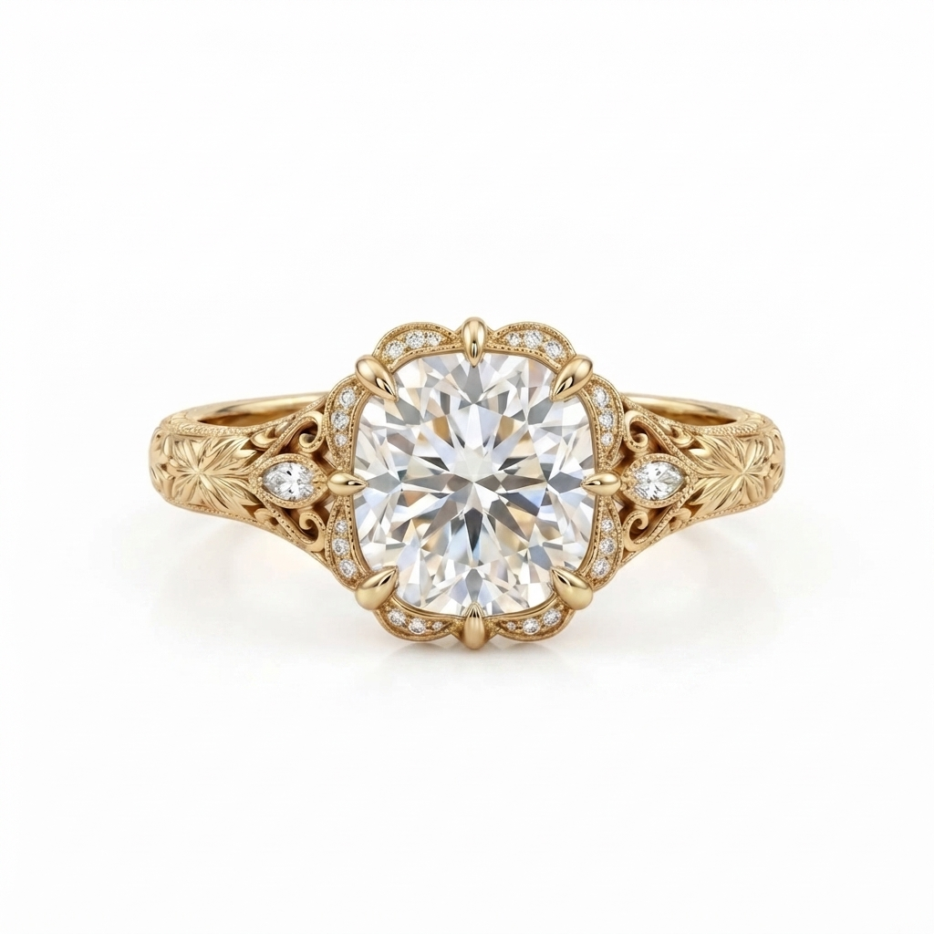Front top view of a 3 CT cushion cut lab grown diamond ring crafted in yellow gold with milgrain halo and side marquise stones.
