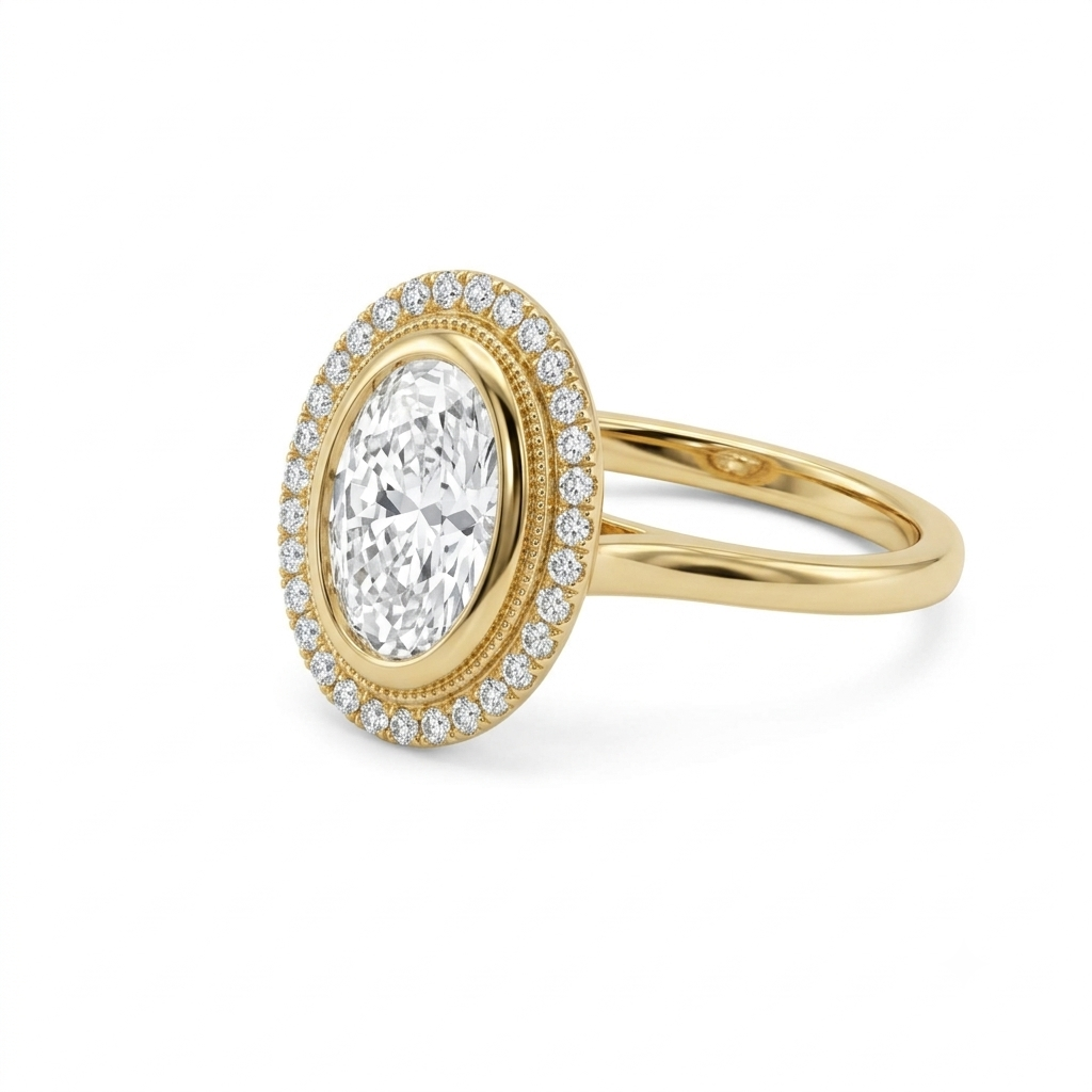 Perspective side angle of a 3 CT oval cut lab grown diamond engagement ring in yellow gold with a vintage milgrain bezel and pave halo.