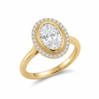 Angled top view displaying a 3 carat oval lab grown diamond framed by a delicate milgrain bezel rim and sparkling outer diamond halo.