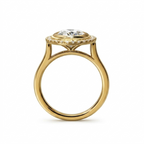 Side profile view showing the yellow gold cathedral gallery architecture and profile structure of the 3 CT oval halo ring.