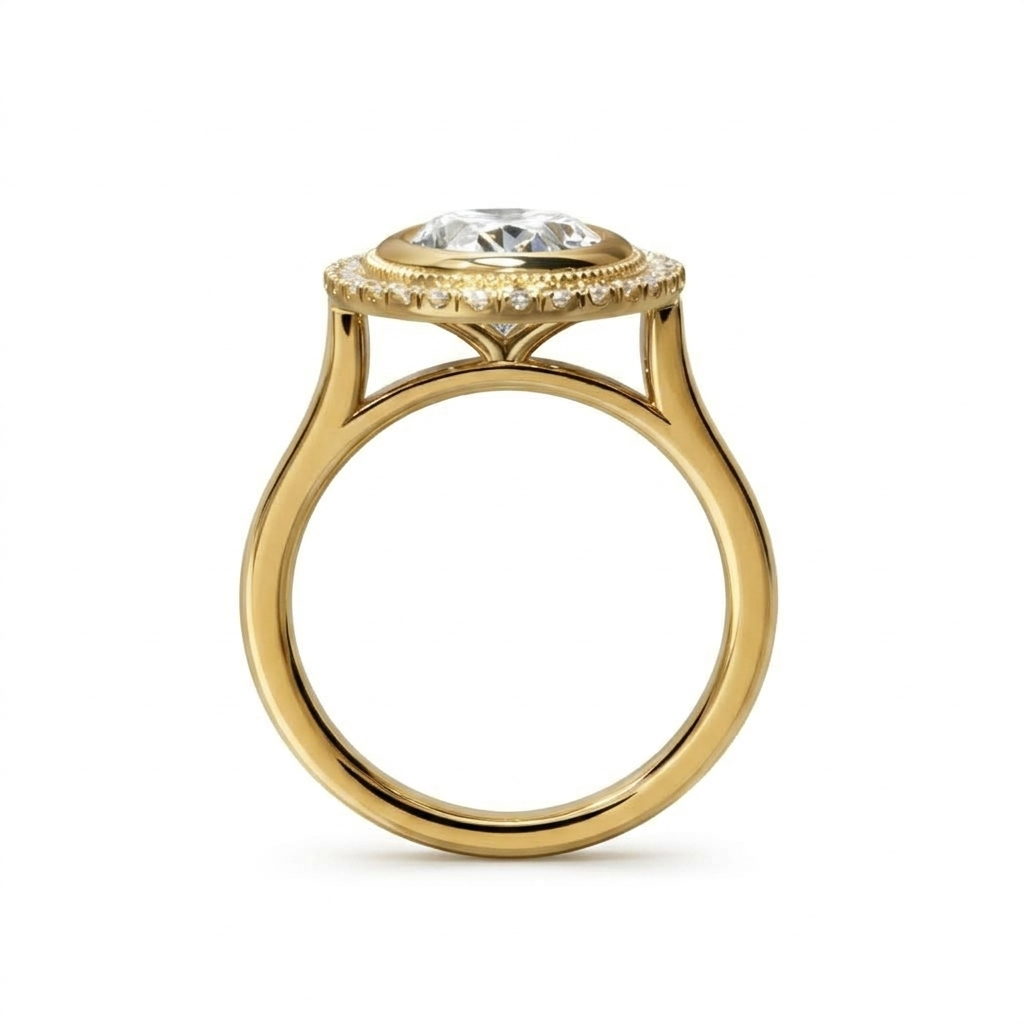 Side profile view showing the yellow gold cathedral gallery architecture and profile structure of the 3 CT oval halo ring.
