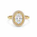 Direct top view highlighting the symmetrical 3 carat oval lab diamond, milgrain detailing, and surrounding halo on a yellow gold band.