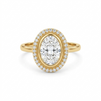 Direct top view highlighting the symmetrical 3 carat oval lab diamond, milgrain detailing, and surrounding halo on a yellow gold band.