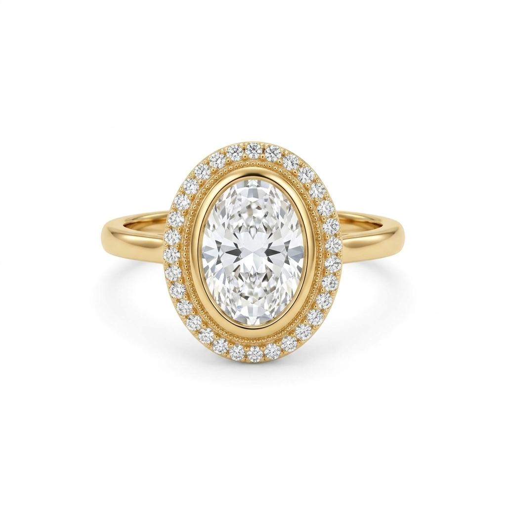 Direct top view highlighting the symmetrical 3 carat oval lab diamond, milgrain detailing, and surrounding halo on a yellow gold band.