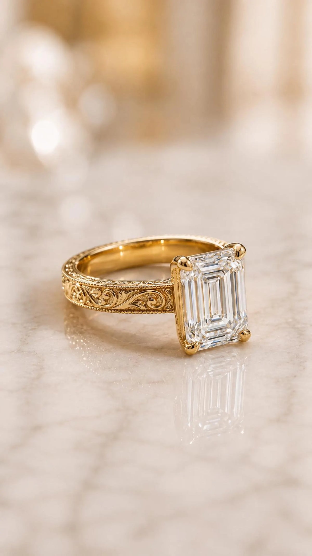 Side angle view revealing the clarity and profile of the 4 CT emerald cut lab diamond on an engraved yellow gold band.