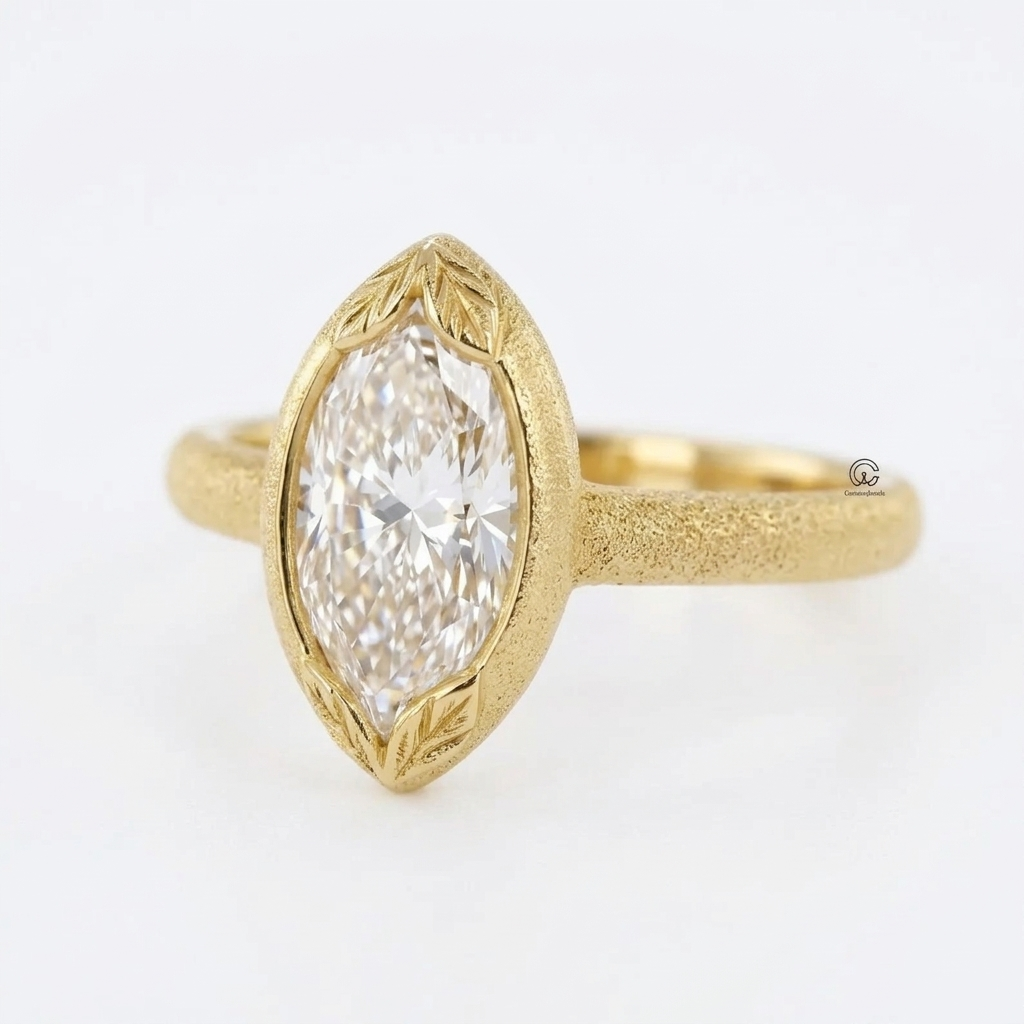 Angled side view of a 4 carat marquise cut lab diamond ring in matte yellow gold with hand-engraved leaf accents.