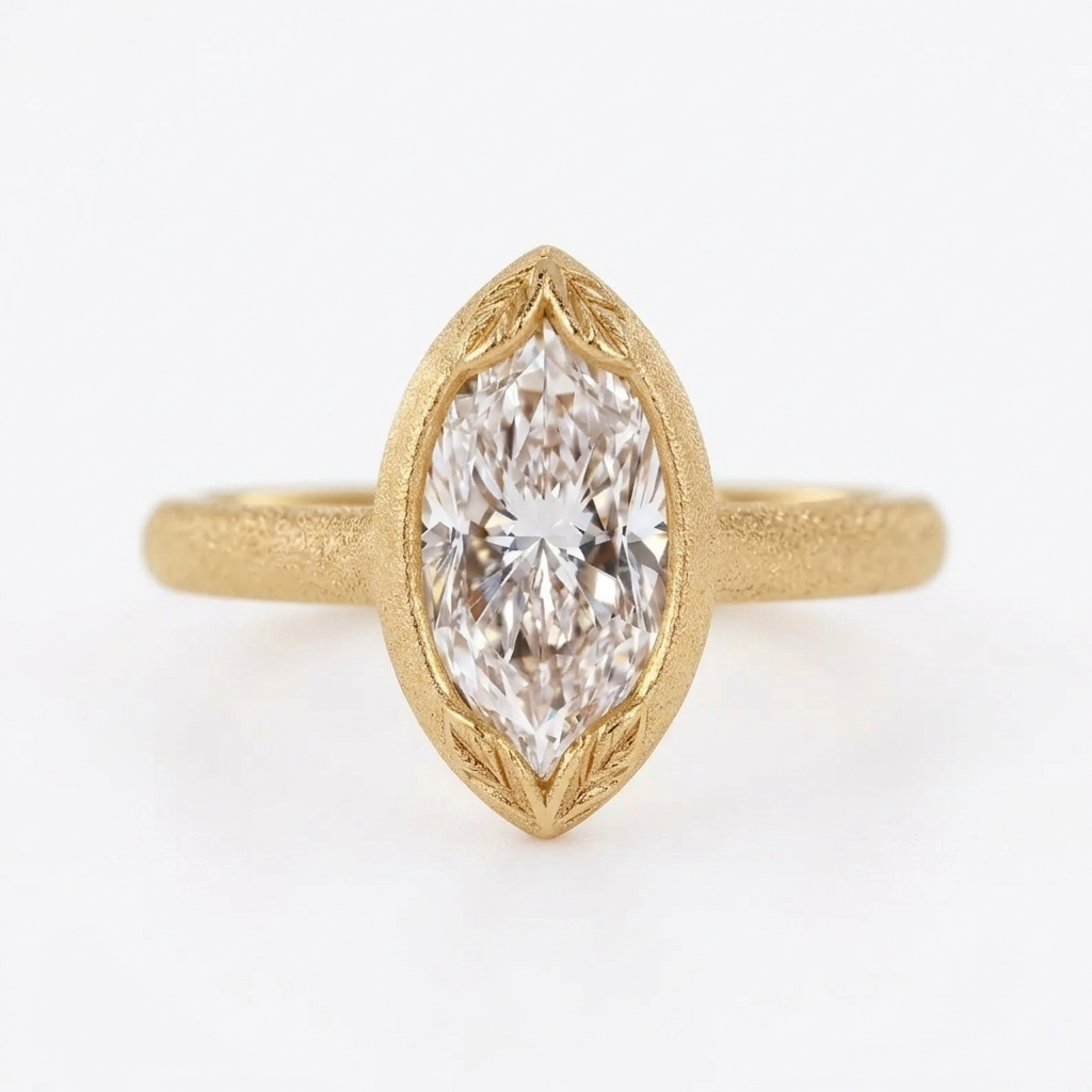 Direct top-down view of a 4 CT marquise cut lab grown diamond set in a matte yellow gold leaf-engraved bezel setting.
