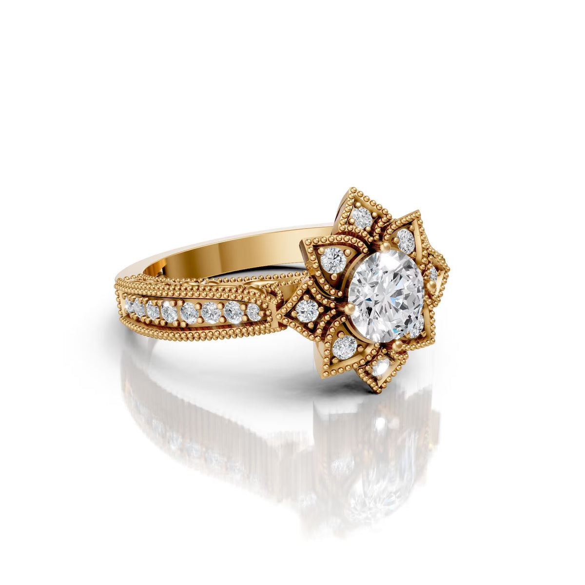 Perspective side view of a 3 CT round cut lab grown diamond ring in yellow gold with an intricate floral lotus halo and milgrain band.