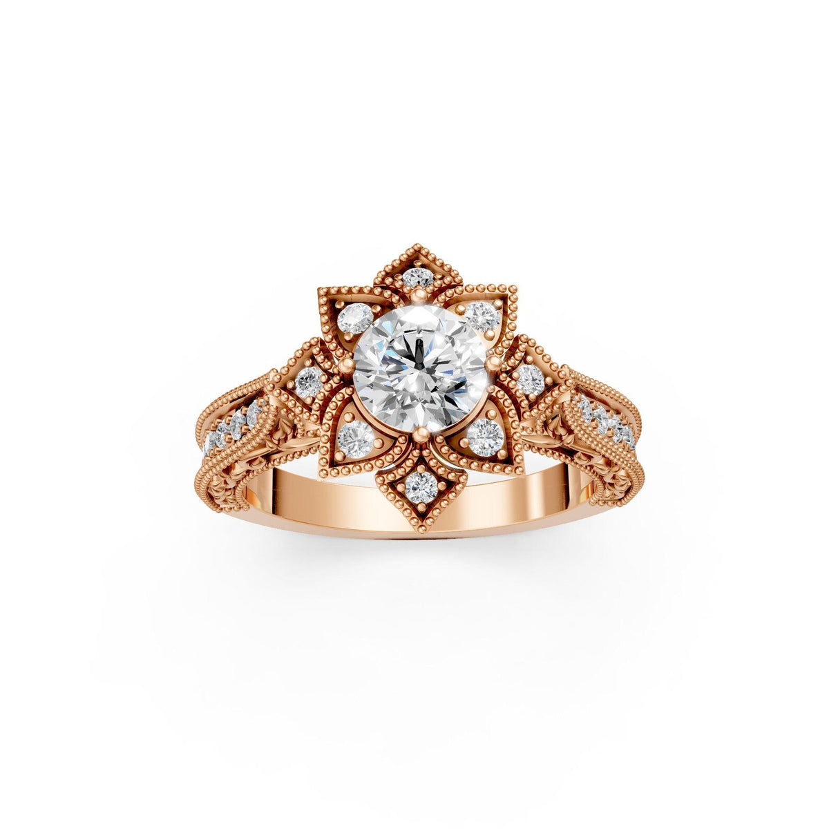 Direct front view of a 3 carat round lab grown diamond engagement ring in 14K rose gold featuring a vintage petal halo with micro-pavé accents.