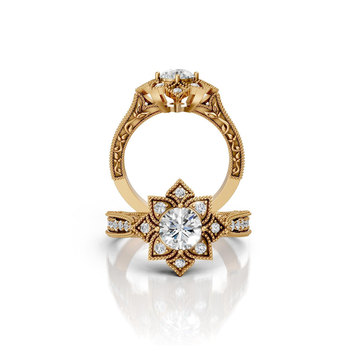 Full profile and top view showing side leaf engraving and floral undercarriage of a 3 CT round lab diamond vintage yellow gold ring.