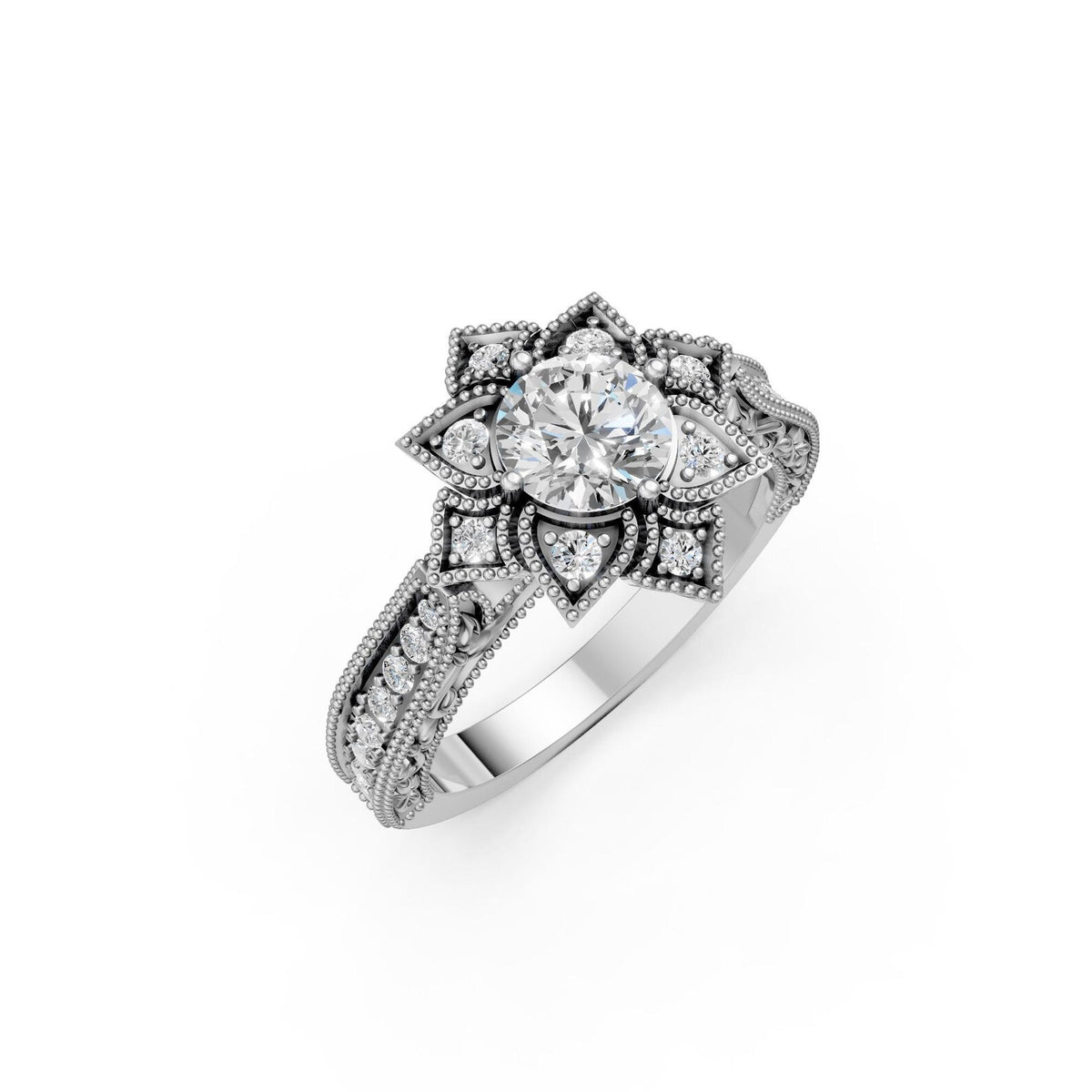 Angled view of a white gold 3 CT round cut lab grown diamond ring with a starburst lotus halo and beaded milgrain texture.