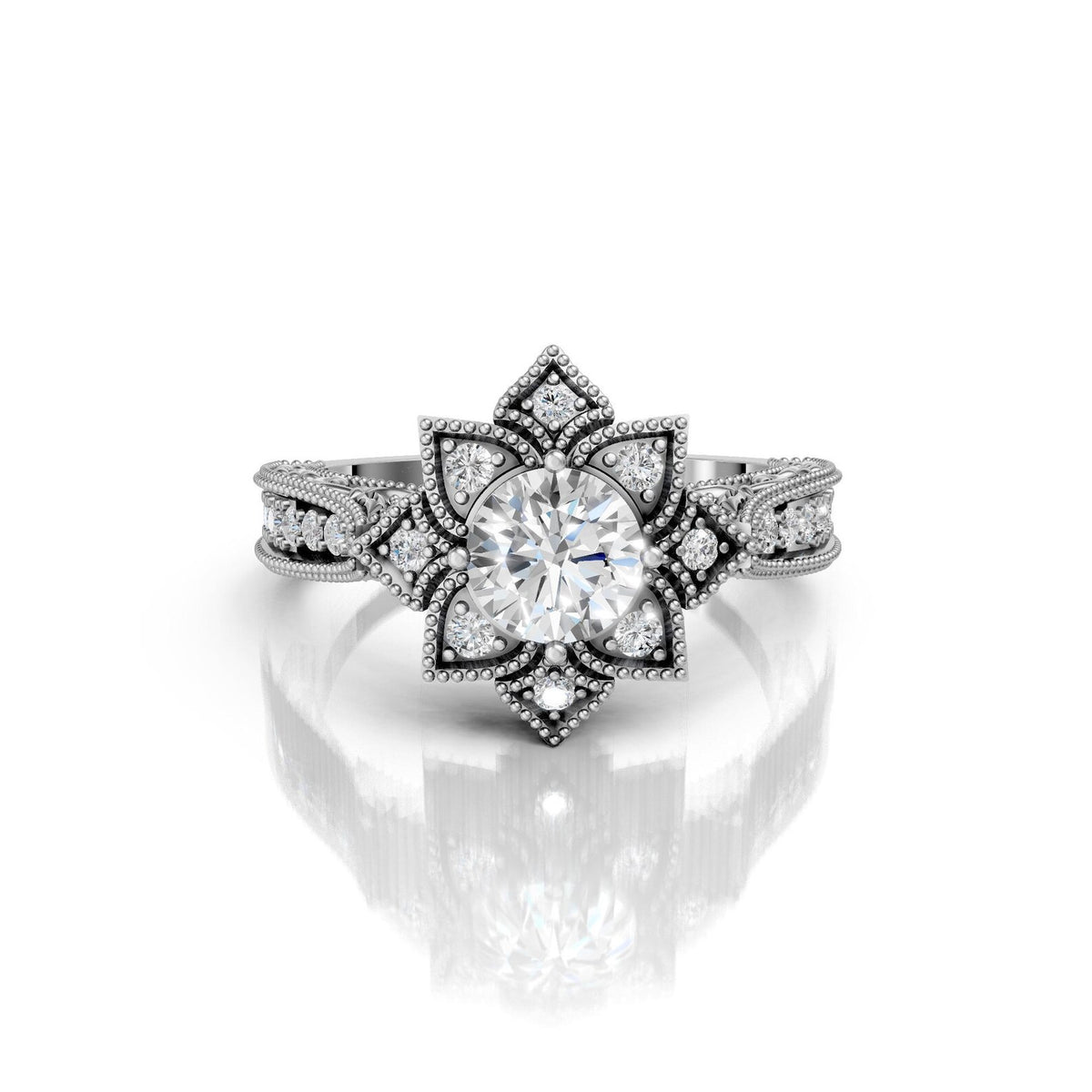 Centered front view highlighting the 3 carat round lab-grown center stone surrounded by antique-style milgrain floral petals in white gold.