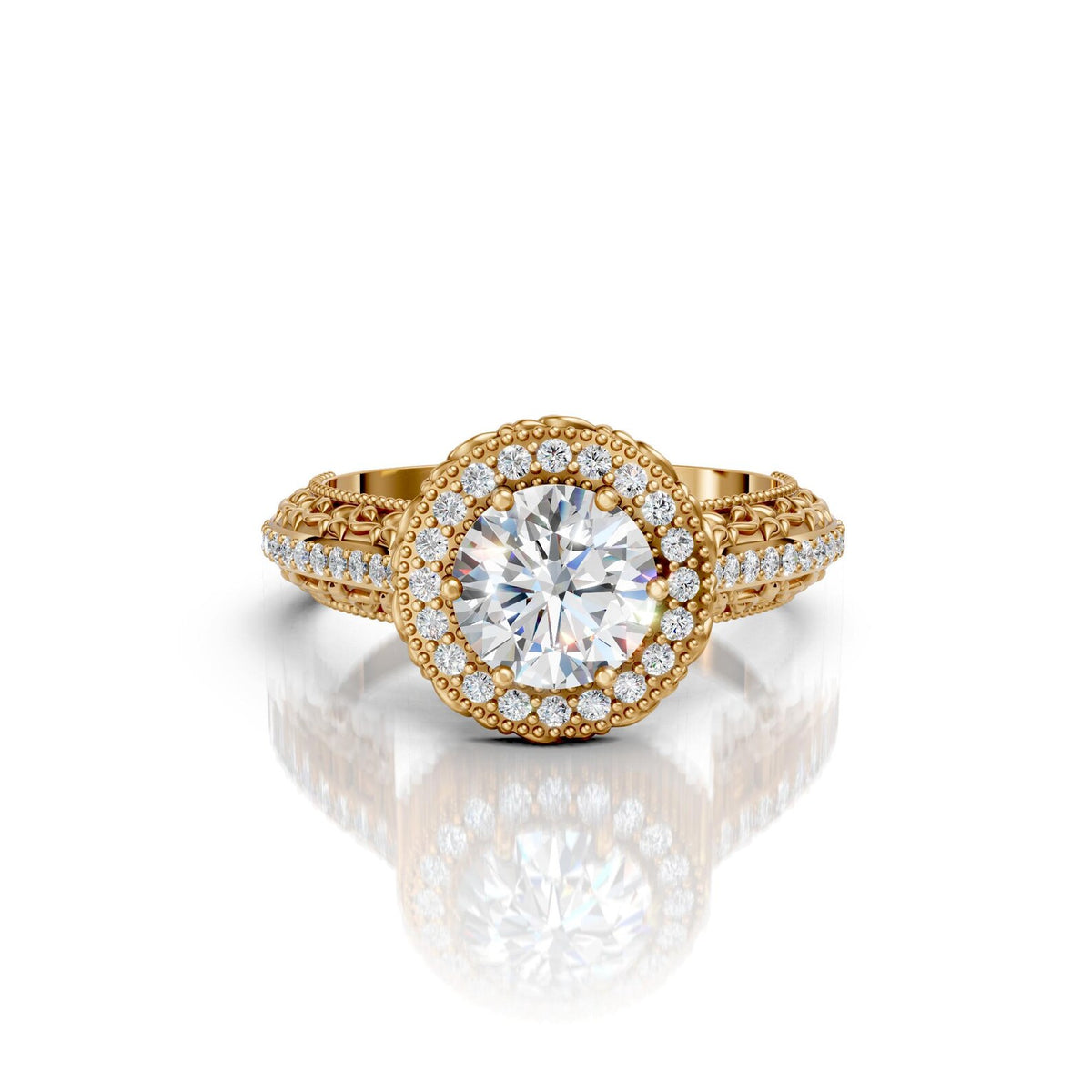 Direct top view of a 4 carat round lab grown diamond set in a vintage yellow gold milgrain halo ring with botanical carved shank.