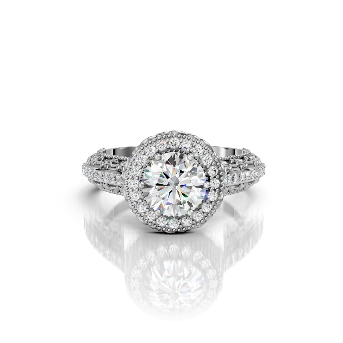 Top view of a 4 CT round lab grown diamond halo engagement ring in white gold with antique leaf filigree band.