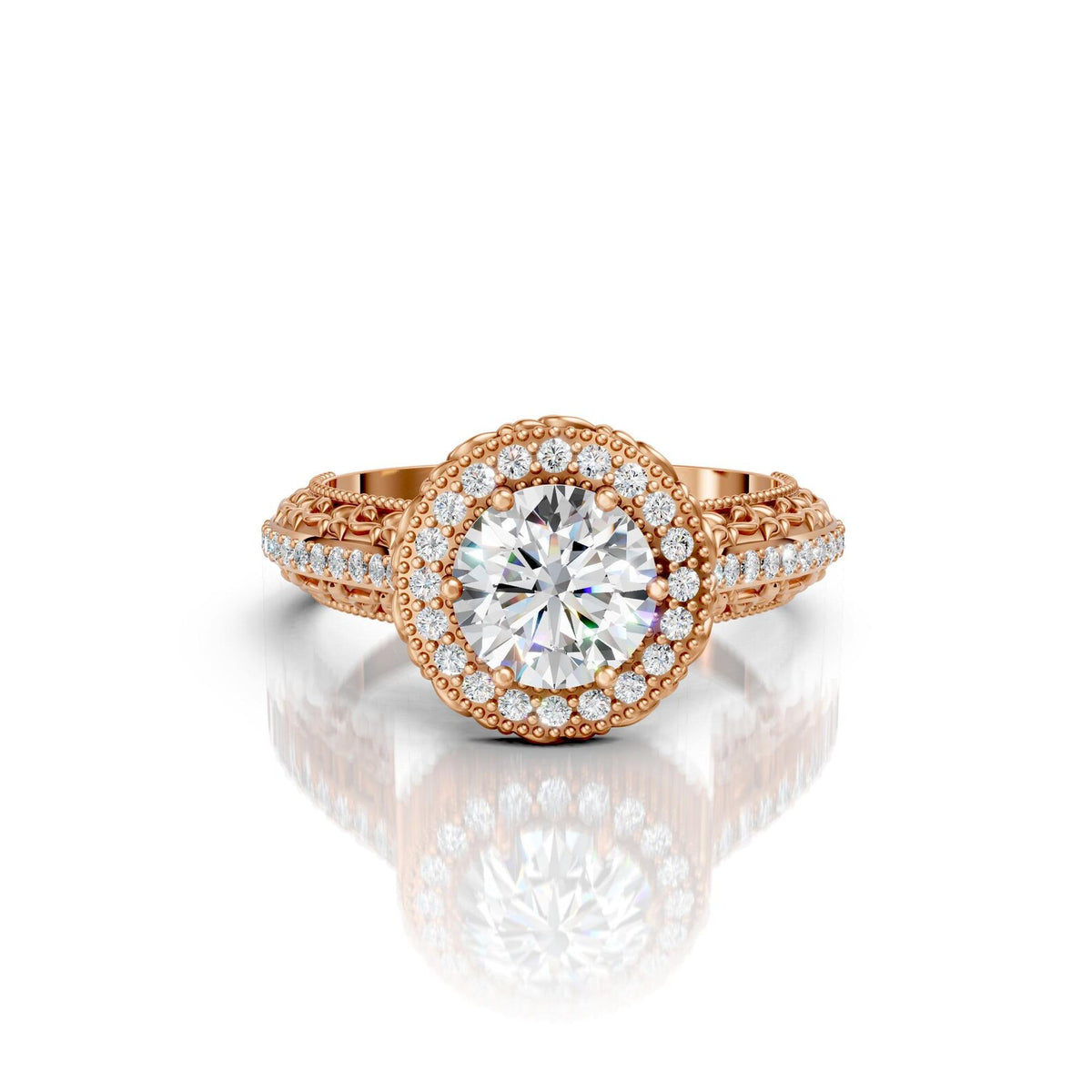 Top-down view of a 4 carat round lab grown diamond halo ring in rose gold featuring intricate leaf scrollwork and milgrain details.