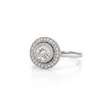 Angled view of a 3 CT round lab grown diamond ring in white gold with double milgrain halo setting and plain band.